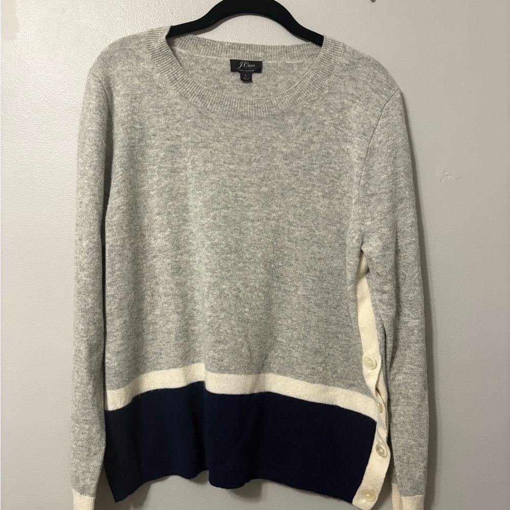J. Crew Gray and Navy 100% Cashmere Colorblock Sweater